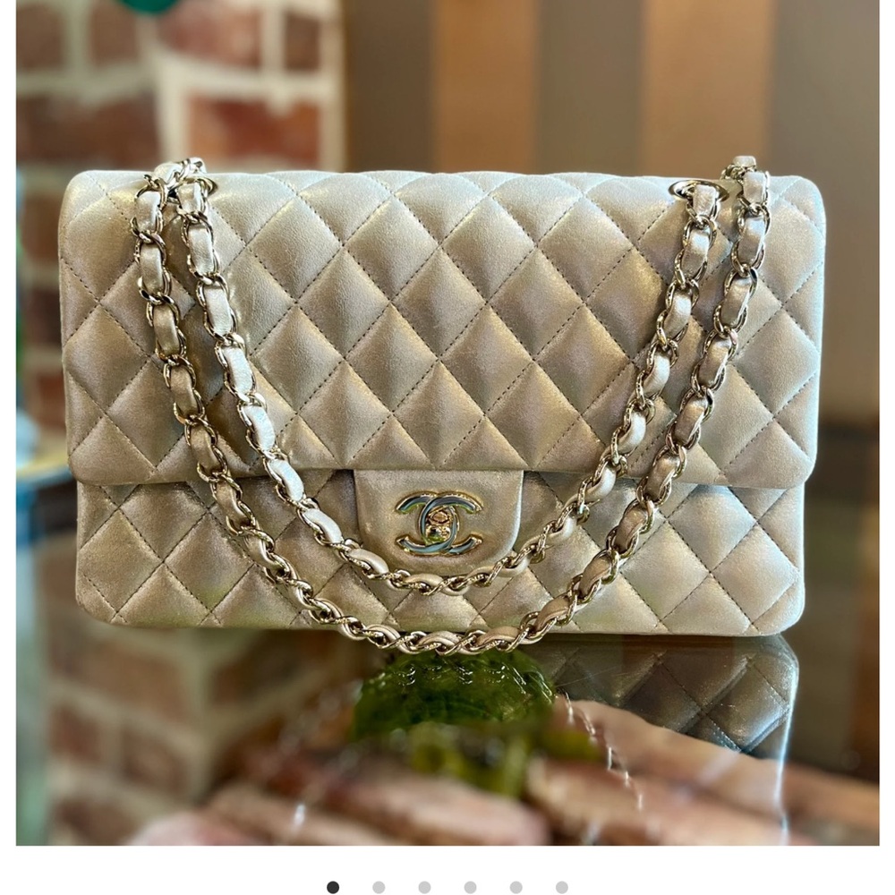 Chanel iridescent Champagne medium double flap bag